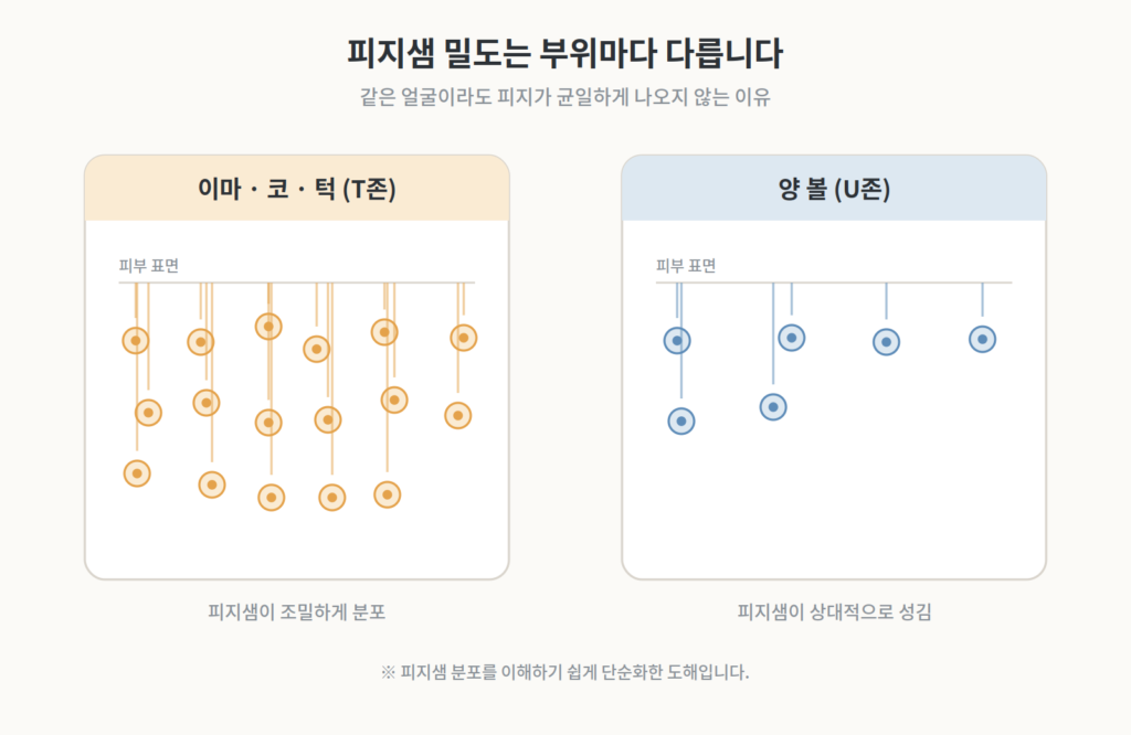이마 코 턱과 양 볼의 피지샘 밀도 차이를 비교해 보여주는 도해
