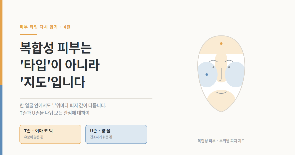 복합성 피부의 T존과 U존을 색으로 구분한 얼굴 지도와 '복합성 피부는 타입이 아니라 지도입니다'라는 제목이 담긴 대표 이미지