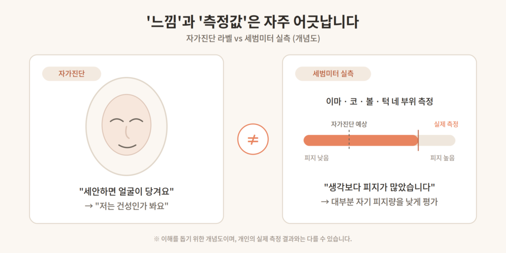 피부타입 자가진단이 실제 측정값과 어긋나는 상황을 표현한 이미지