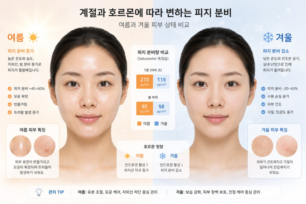 여름과 겨울 피부 상태, 부위별 피지 분비량 비교