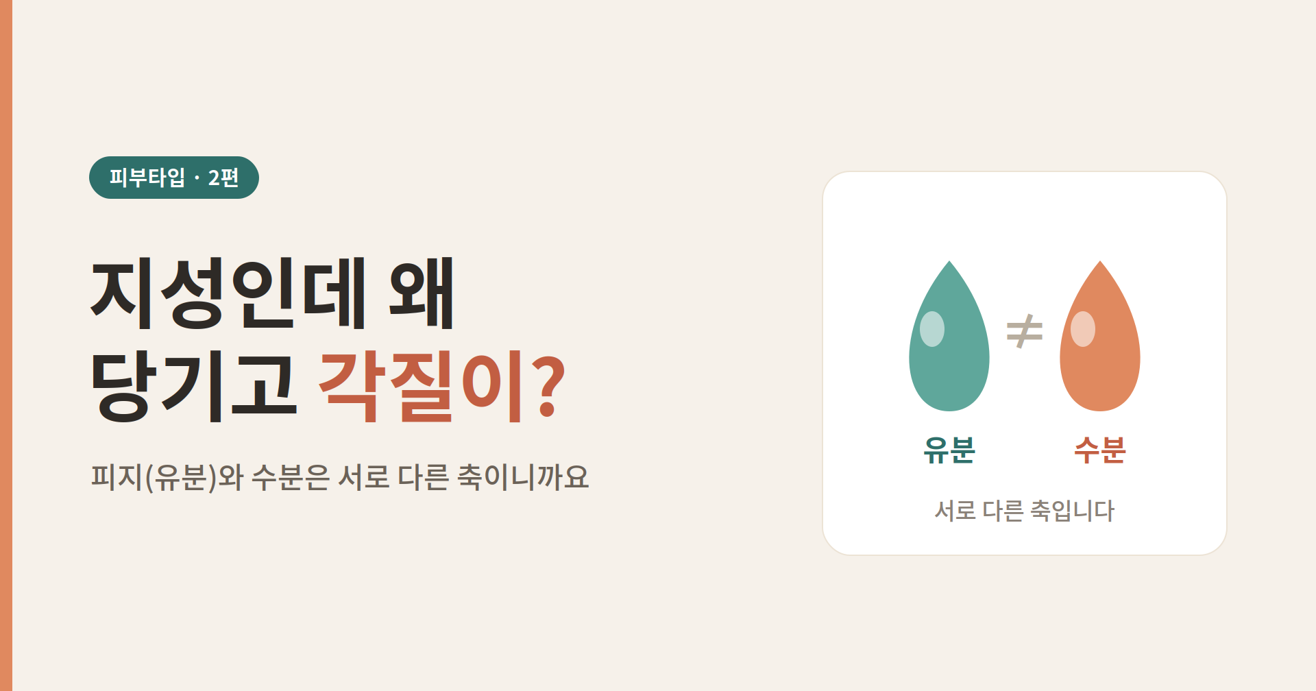지성인데 당기고 각질이 일어나는 이유를 다룬 피부타입 2편 대표 이미지, 피지(유분)와 수분은 서로 다른 축이라는 점을 물방울 두 개로 표현