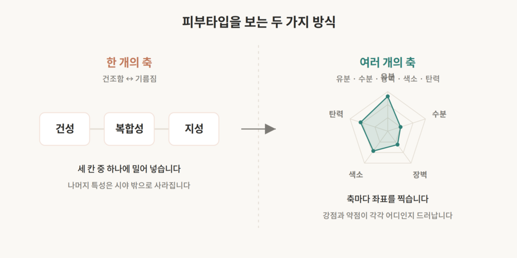 지성·건성·복합성 세 칸으로 나눈 도식과 여러 축으로 나눈 좌표 도식을 나란히 비교한 이미지